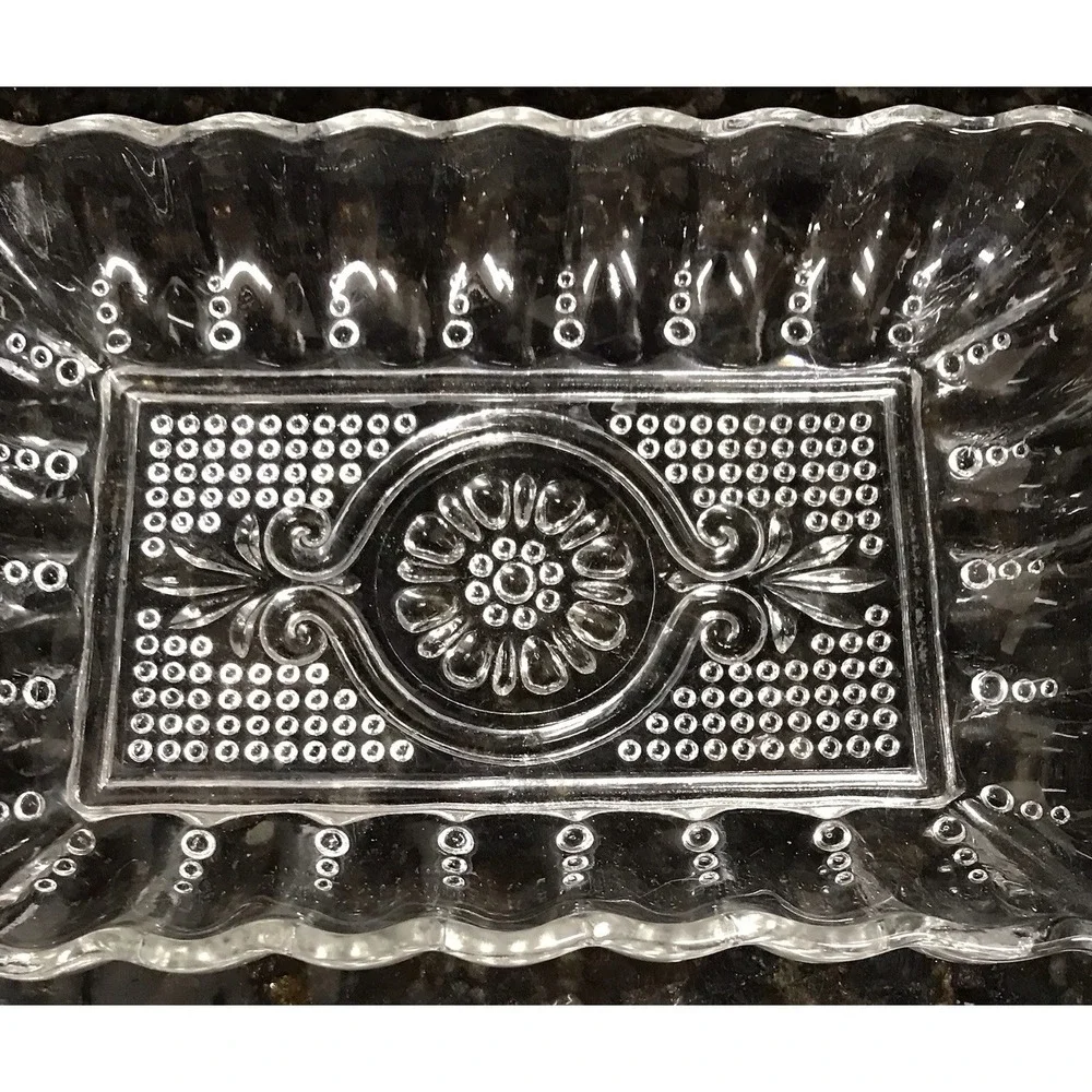Vintage Anchor Hocking Rectangular‎ Knob Glass Relish Dish Set Trinket Dish